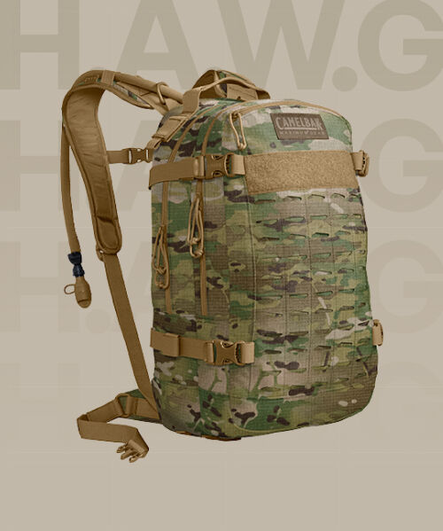 Close up of Tactical pack with beige text "H.A.W.G" behind