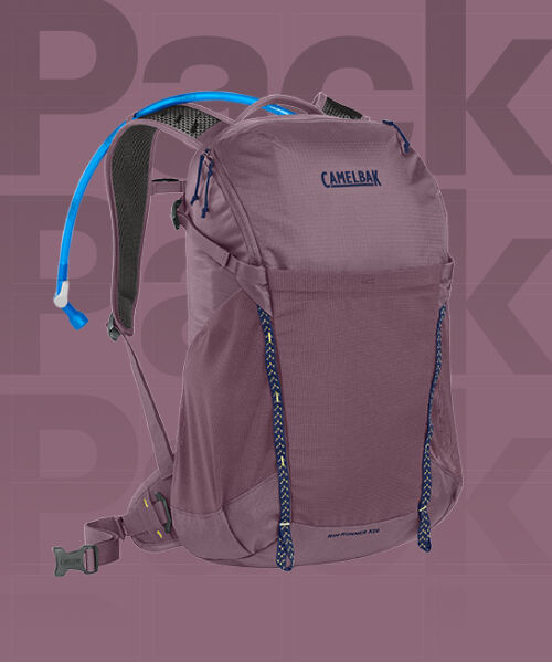 Close up shot of Hiking pack with purple text "Pack"