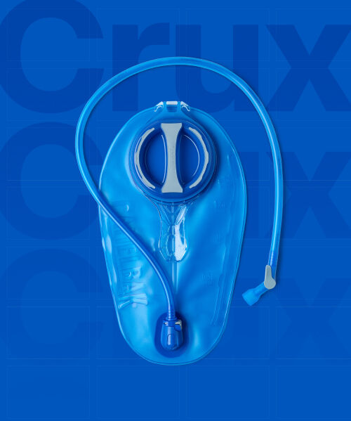 Close up of Reservoir pack with blue text "Crux" behind